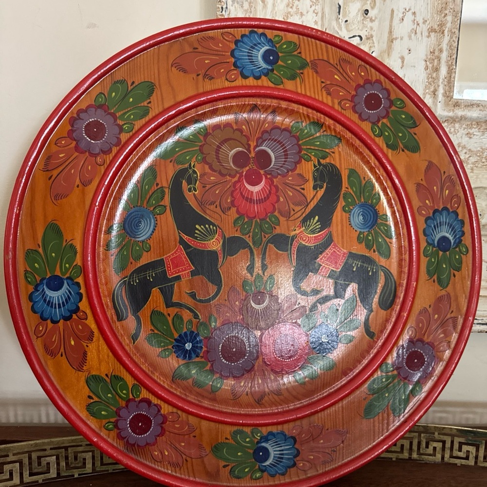 Vintage folk art Decorative Plate with Floral and Horse Design